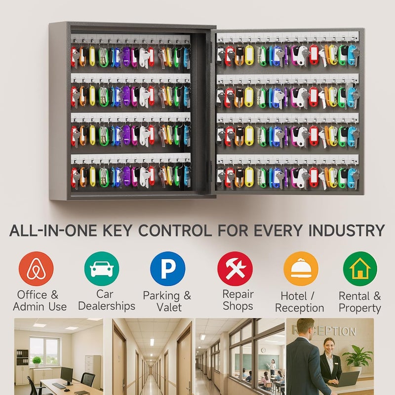 WeHere Key Lock Box for 120 Keys, Wall Mount Key Cabinet with Color Key Tags, Steel Key Storage Box with Lock, Key Holder Organizer for Home, Office, Apartment, Property Management - Image 4